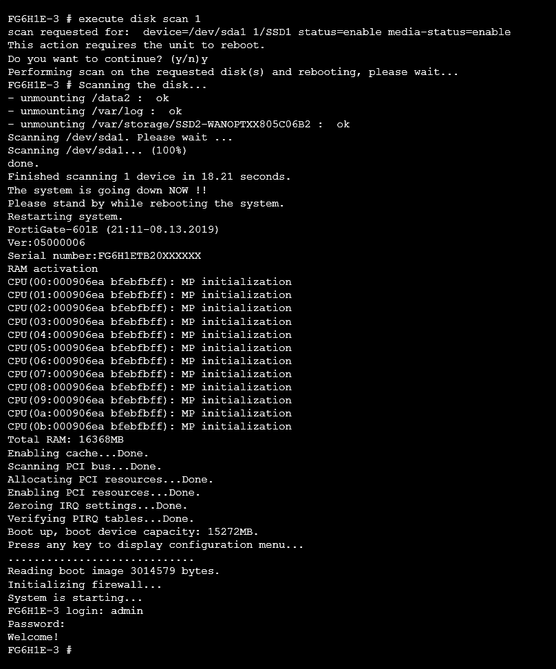 Reboot and check file system in Fortigate Console